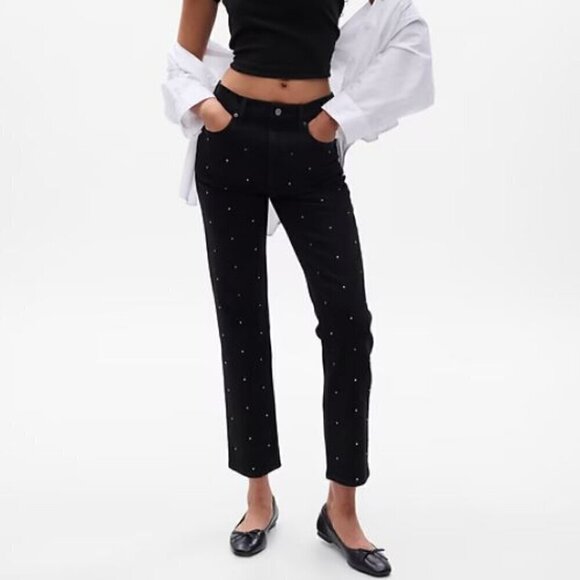 GAP High Rise RHINESTONE Cheeky Straight Black Jeans Size 2/26 SHORT - MSPR $118 - Picture 2 of 7